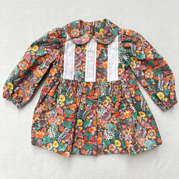 VTG handmade baby toddler Dress Floral Autumn Fall Print Lace Size 12-18 months